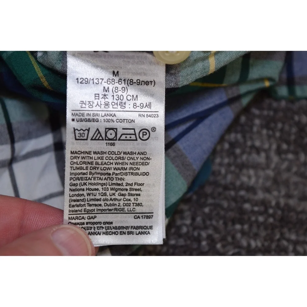 Gap Kids Blue Green White Check Plaid Long Sleeve Button Down Shirt BOYS 8 M